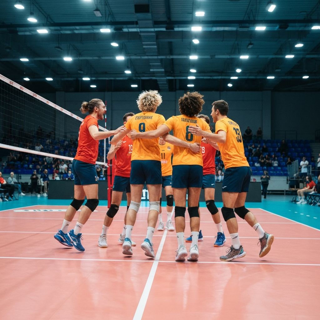 Time de vôlei comemorando